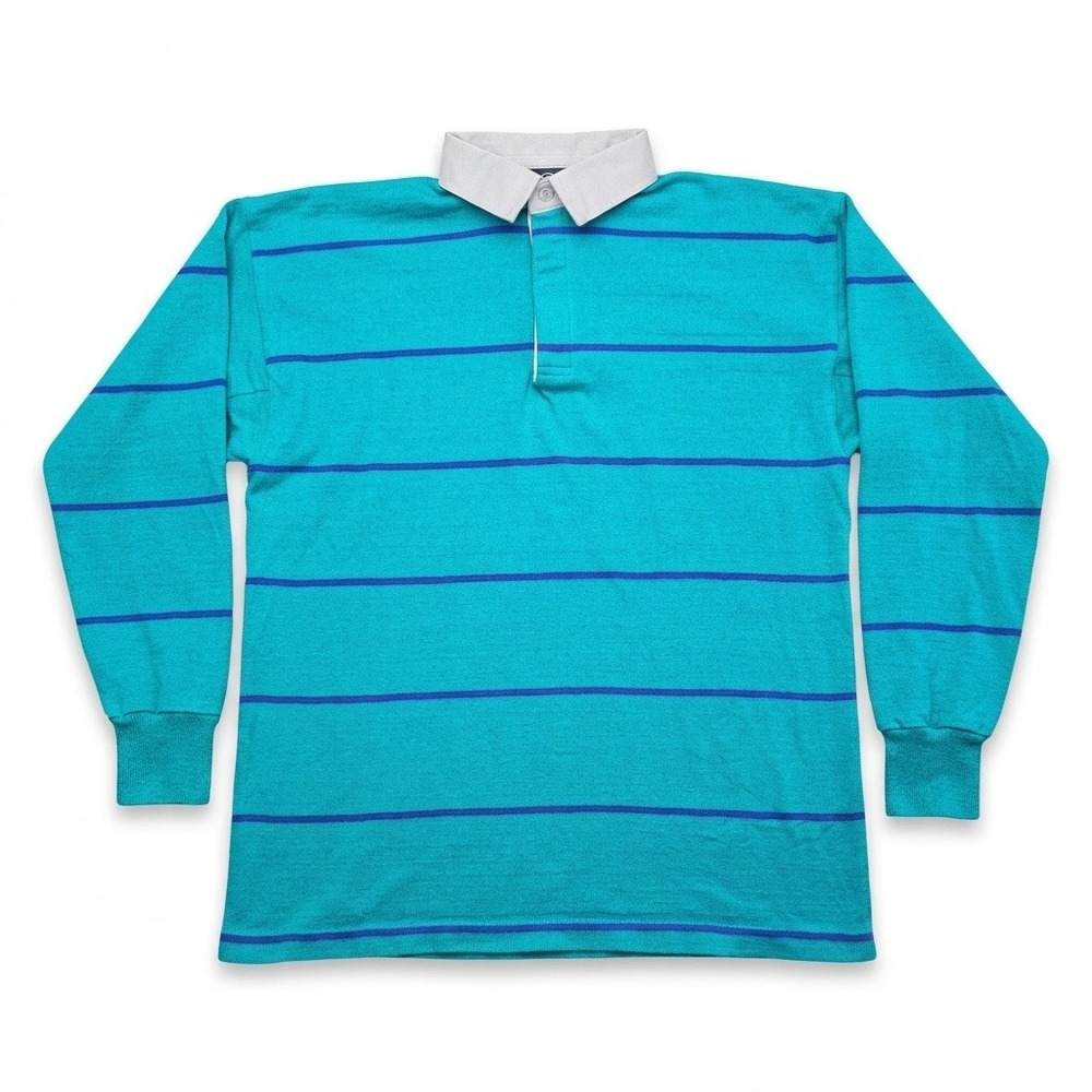 VTG L.L. Bean Rugby Shirt Mens Large Teal Purple Striped Cotton Made in USA Polo
